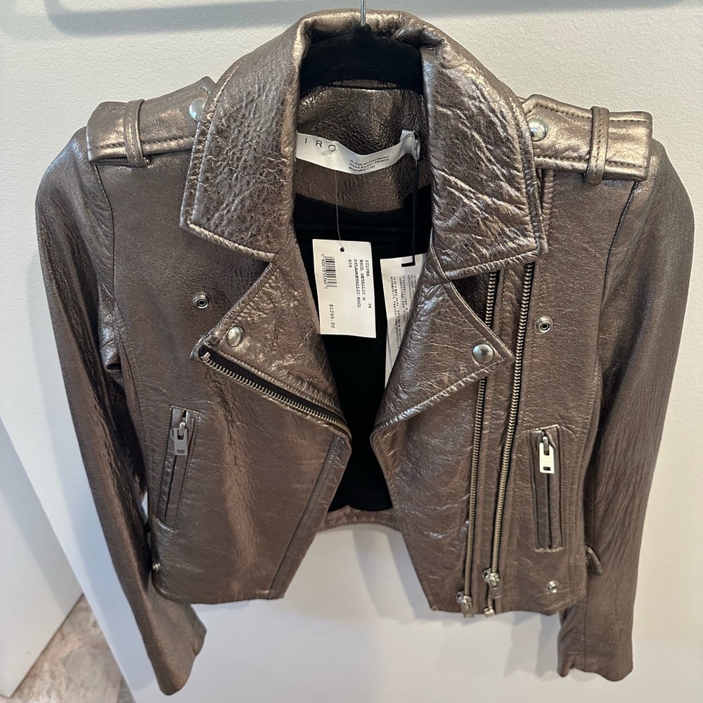 IRO Silver Leather Moto Jacket Asymmetrical Zipper